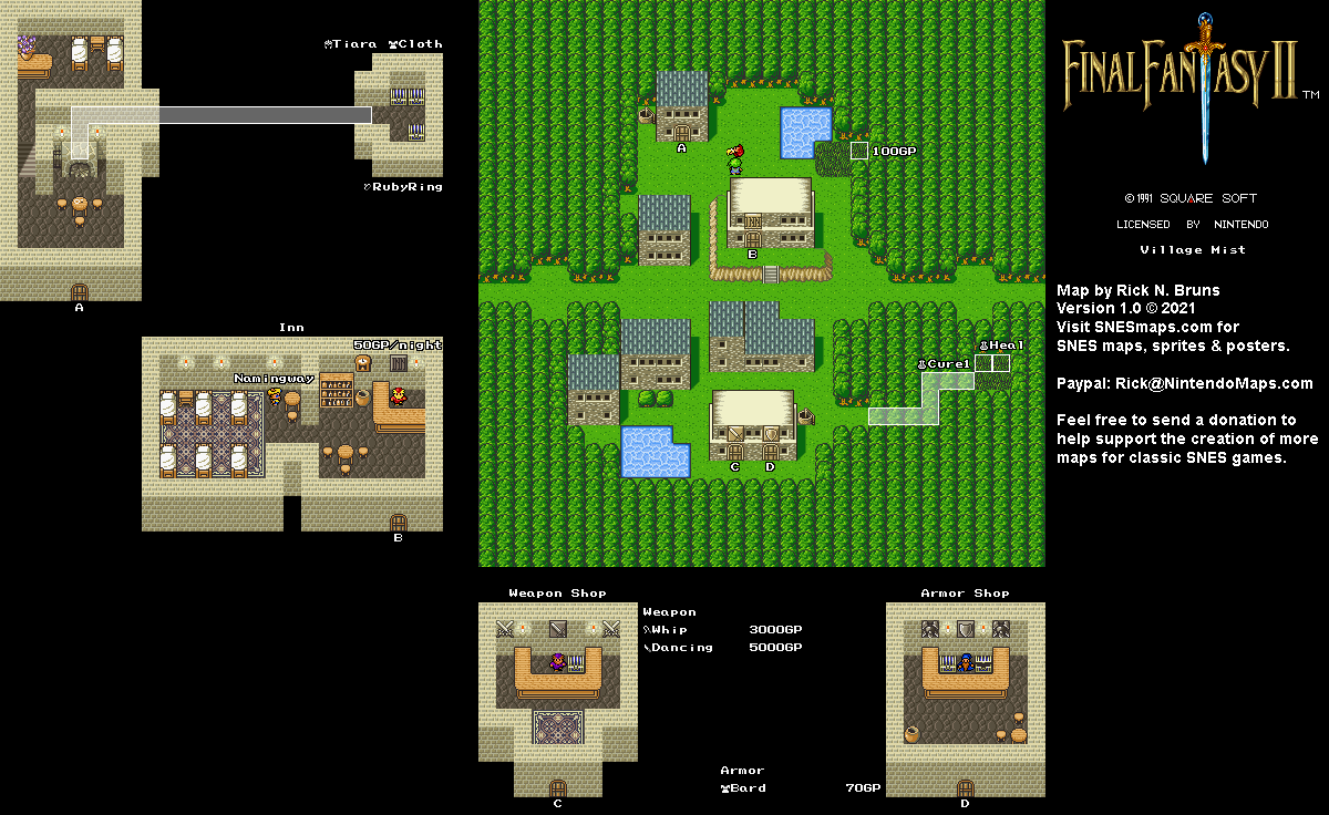 Final Fantasy II 2 (IV 4) - Village Mist Super Nintendo SNES Map