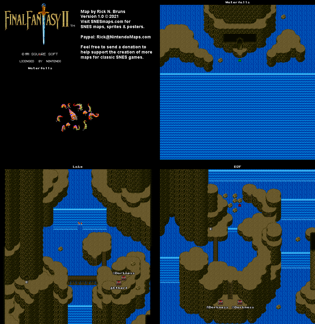 Final Fantasy II 2 (IV 4) - Waterfalls Super Nintendo SNES Map