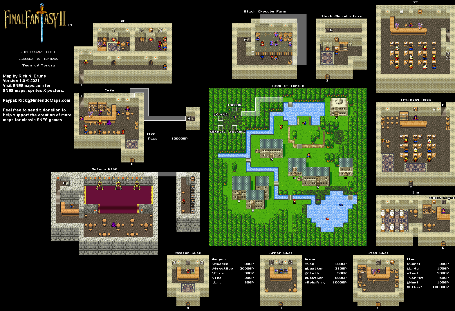 Final Fantasy II 2 (IV 4) - Town of Toroia Super Nintendo SNES Map