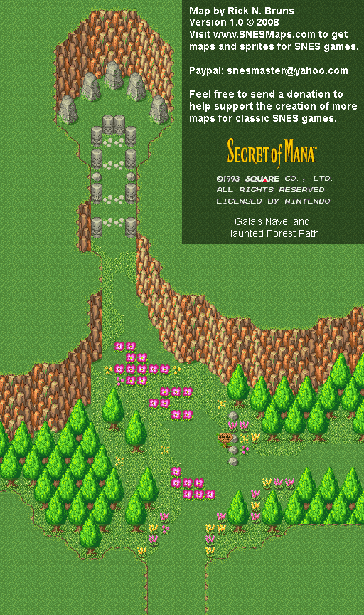 Secret of Mana - Gaia's Navel and Haunted Forest Path - Super Nintendo SNES Background Map