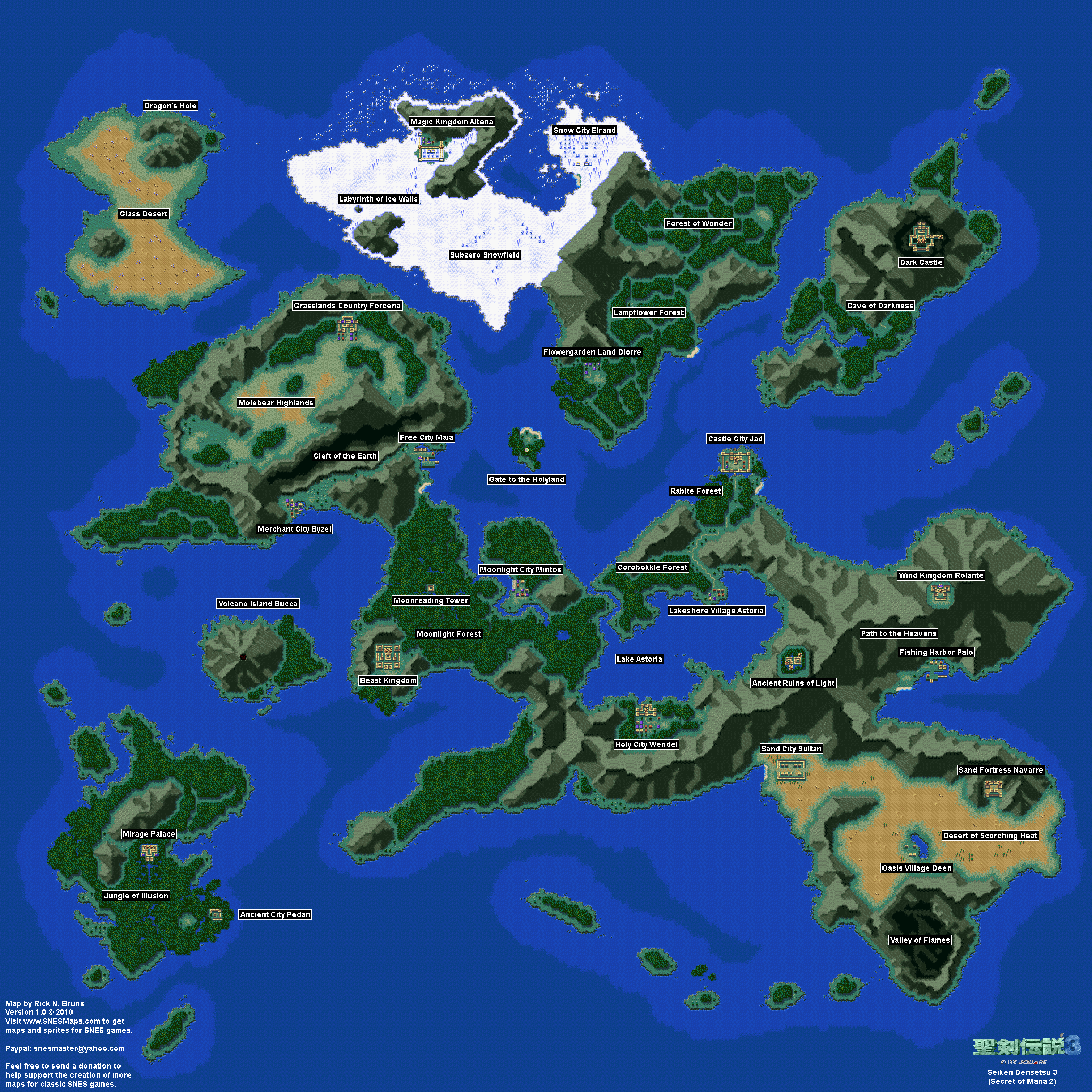 Seiken Densetsu 3 (Secret of Mana 2) - Overworld Super Nintendo SNES Map
