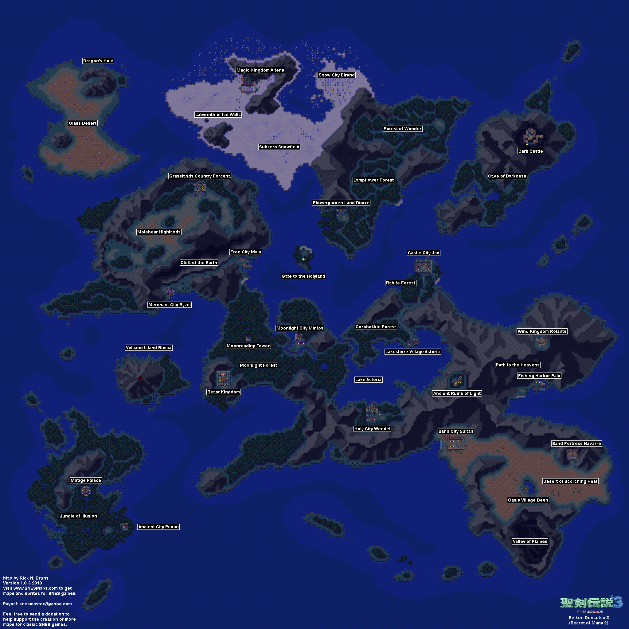 Seiken Densetsu 3 (Secret of Mana 2) - Overworld Night Super Nintendo SNES Map