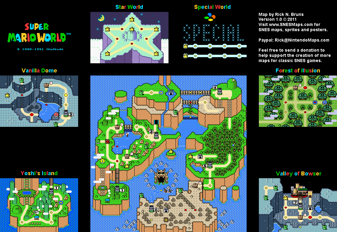 Super Mario World - Overworld Super Nintendo SNES Map BG